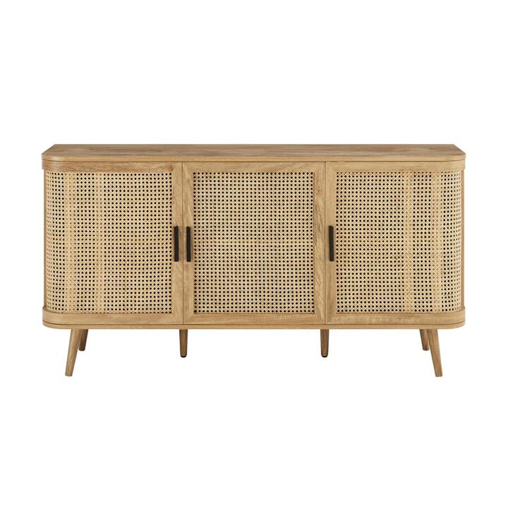 Design Square Mean 3-Doors Buffet Unit Sideboard Storage Cabinet Oak/Rattan
