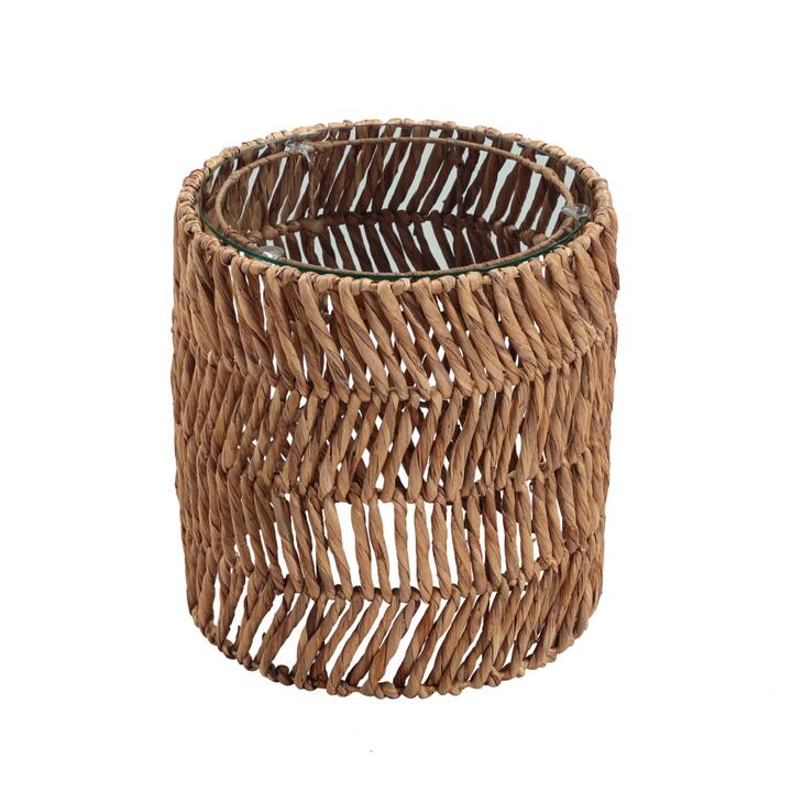Design Square Karina Woven Round Tempered Glass Top Side End Lamp Table Natural