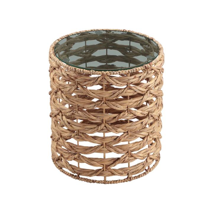 Design Square Ares Woven Round Tempered Glass Top Side End Lamp Table Natural