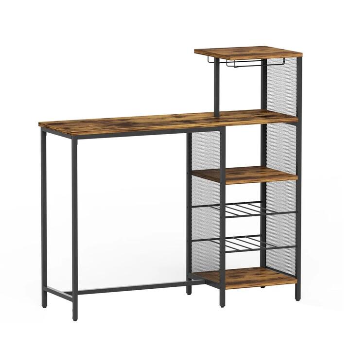 Industrial Bar Table with Wine Rack Cup Holder Multi-Level Storage 122cm Walnut