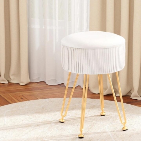 Ottoman Storage Foot Stool Vanity Velvet Round White