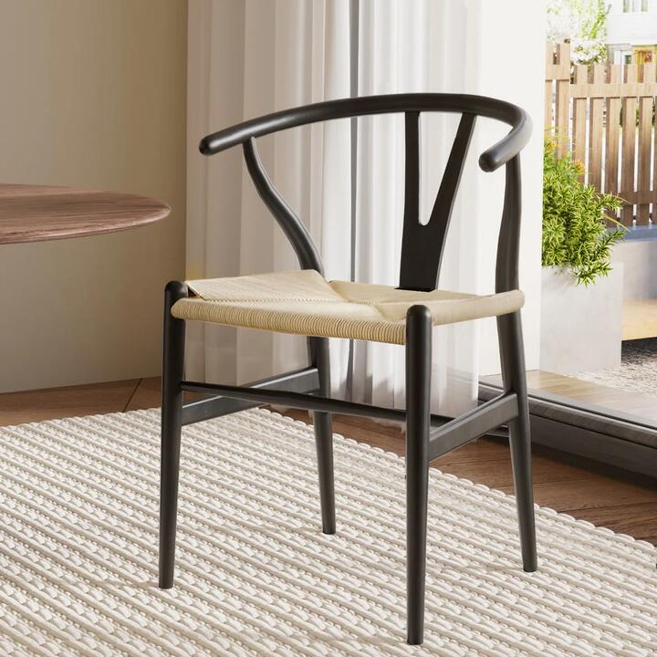 Kitchen Dining Chair Wooden Rattan Wishbone Black