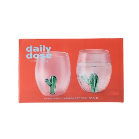 Daily Dose by Ambrosia Set of 2 Stemless Glasses Cactus