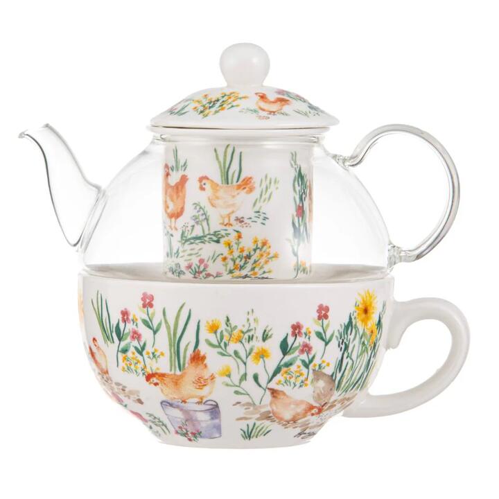 Ashdene Garden Hens Glass Top Tea For One