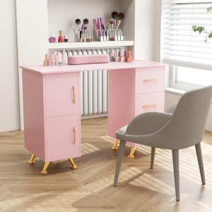 CostwayManicure Table Nail Desk Nail Tech Station with Drawers-Pink
