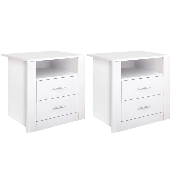 2 X Bedside Table 2 Drawers with Shelf - TARA White