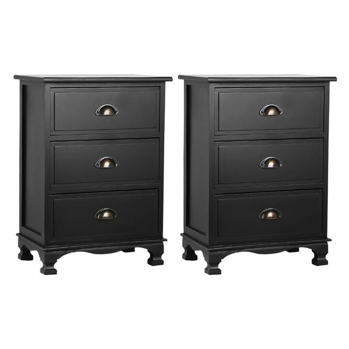 2x Bedside Table 3 Drawers Vintage - THYME Black