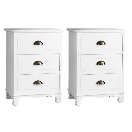 2x Bedside Table 3 Drawers Vintage - THYME White
