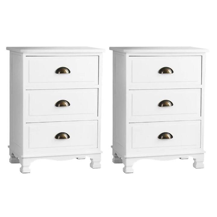2x Bedside Table 3 Drawers Vintage - THYME White