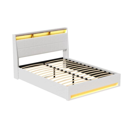 Bed Frame Gas Lift LED Beds Base Platform White PVC Leather Storage Headboard - Double