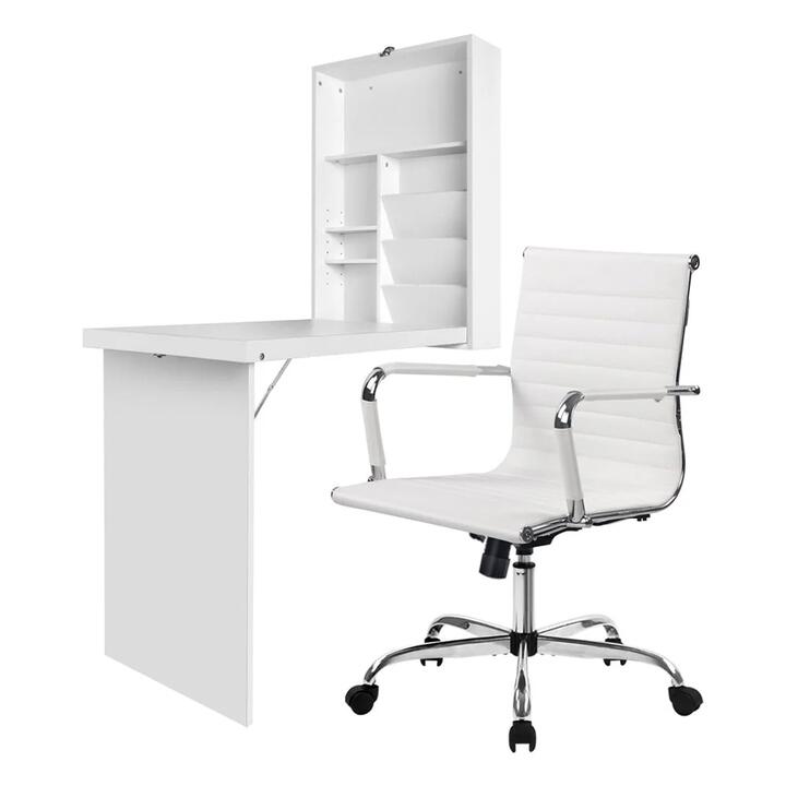 Computer Desk Office Chair Set PU Leather Wall Mount Foldable Table White