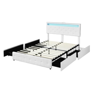 Double Bed Frame With RGB LED Lights PU Leather Upholstery 4 Storage Drawers And USB Ports - White
