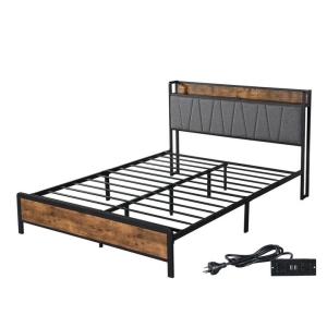 Double Bed Frame With Tufted Headboard USB Charging Ports And Storage Headboard - Brown