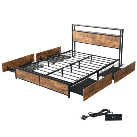 Double Bed Frame With RGB LED Lights 4 Drawers USB Ports And Headboard Storage - Brown