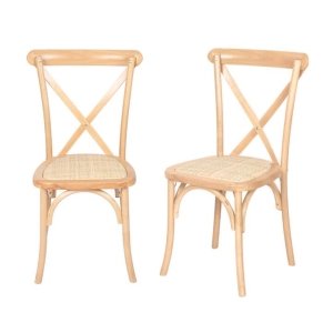 2x Dining Chairs Cross Back | Rattan Seat Wooden Frame - Natural