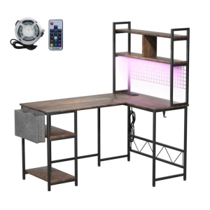 L Shaped Gaming Desk With LED Lights And Power Outlets - Brown