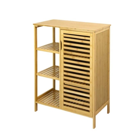 Bathroom Bamboo Storage Cabinet With Shelves And Door - Natural