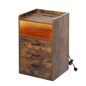 Bedside Table With USB Charging Outlets LED Lights And 3 Drawers - Oak