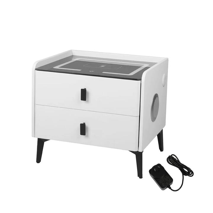 Bedside Table With LED Lights Wireless Charging Bluetooth Speaker And 2 Drawers - White