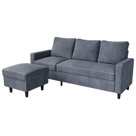L-Shaped Sectional Sofa with Lounge Chaise and Convertible Ottoman - Dark Grey