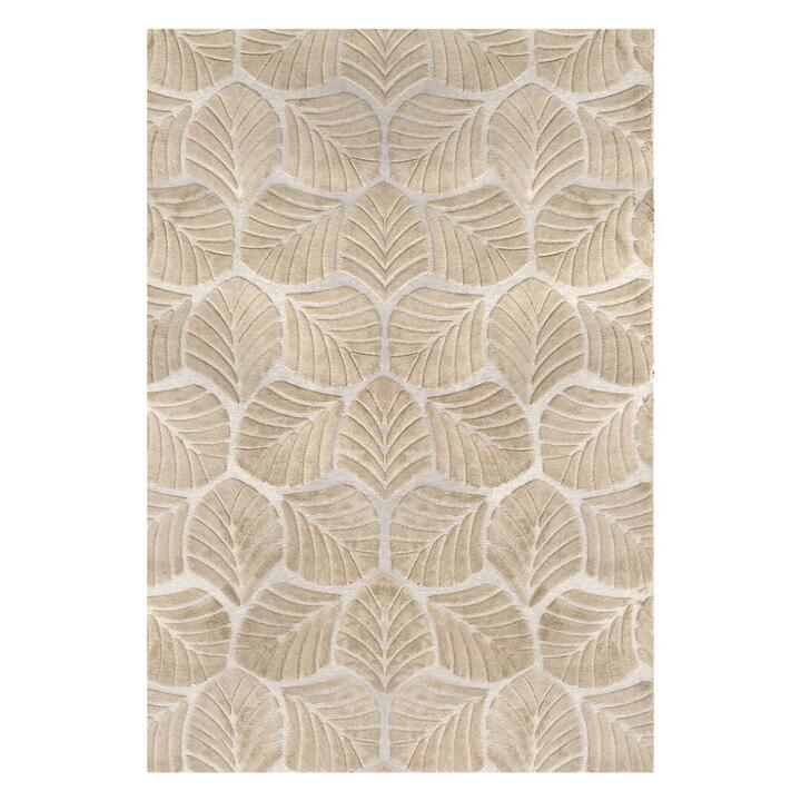 Plush Shaggy Leaf Pattern Floor Rug Embossed 10mm Pile | Non-Slip 200x290cm - Gold