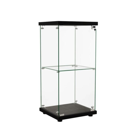 2-Tier Black Glass Display Cabinet with Lock - Tempered Glass Shelves for Home or Office