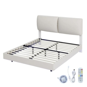 Double Floating Bed Frame with RGB LED Lights & Adjustable Headboard - White