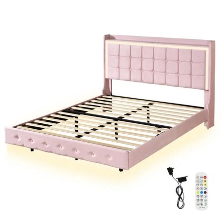 Double Floating Bed Frame with RGB LED Lights