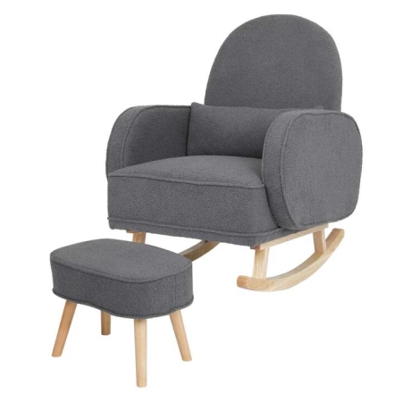 Modern Fleece Rocking Chair with Footstool | Solid Wood Frame & Ergonomic Design - Grey