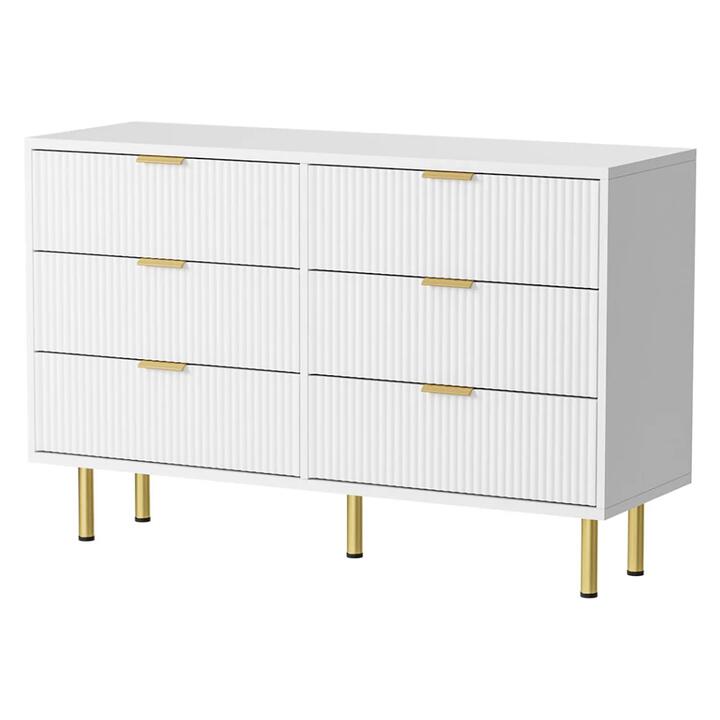6 Drawer Chest Cabinet with Gold Handles | Modern Storage Unit - White