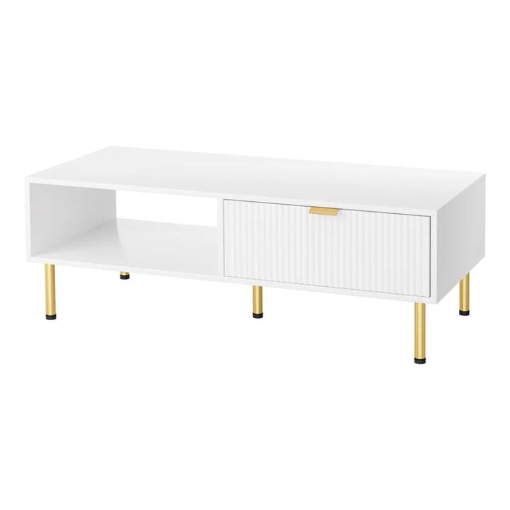 Coffee Table with Drawer and Open Shelf | Gold Accents - White (110cm)