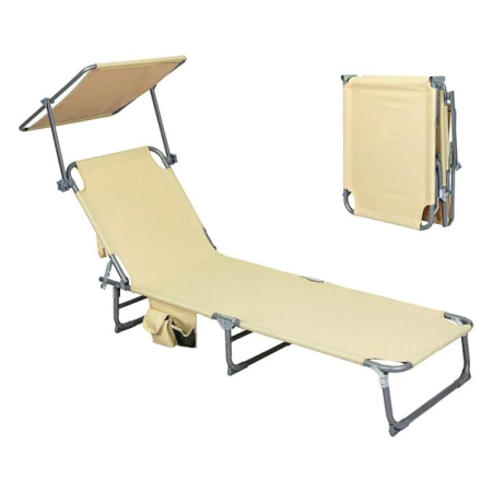 Foldable Lounge Chair with Canopy - 5-Position Reclining Outdoor Sun Lounger with Adjustable Shade & Side Pockets (Khaki)