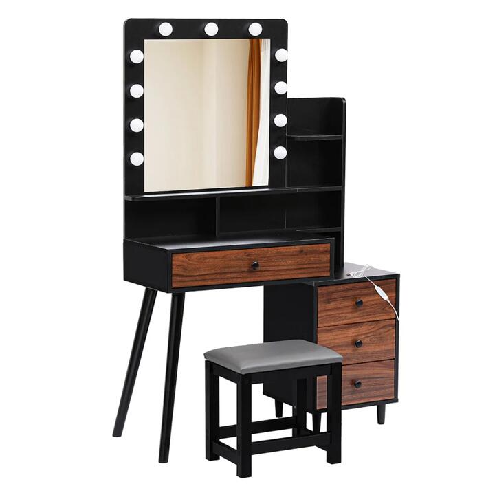 LED Dressing Table Stool Set in Black and Brown| 11 Dimmable Bulbs