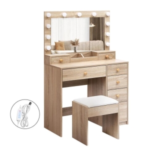 LED Dressing Table Stool Set in Oak | 11 Dimmable Bulbs