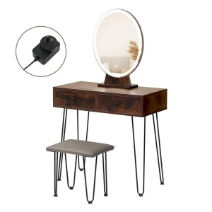 Dressing Table with LED Light Strip & Stool (Brown)