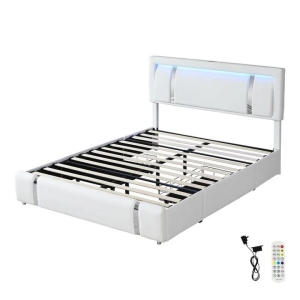 Queen Bed Frame with Adjustable LED Headboard & USB Ports (White)
