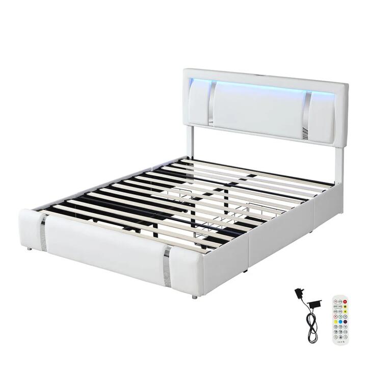 Queen Bed Frame with Adjustable LED Headboard & USB Ports (White)