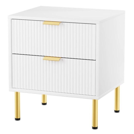 White Bedside Table with 2 Drawers - Modern Nightstand with Metal Legs & Gold Handles