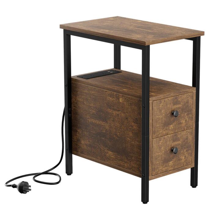 Narrow Side Table with Charging Station (Rustic Brown & Black)