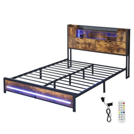 Double Bed Frame with Storage Headboard & Industrial Design - RGB LED Lights + Charging Station