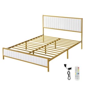 Queen Metal Bed Frame with Padded Headboard - Beige | Under-Bed Storage & Sturdy Slats