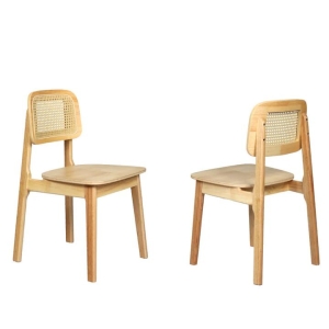 Set of 2 Rattan Dining Chairs - Solid Wood Kitchen Chairs with Cane Back