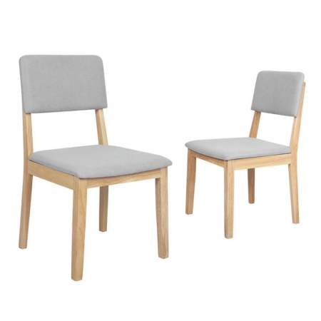 2x Farmhouse Dining Chairs | Armless Upholstered Seat with Open Back - Natural Wood & Grey Linen