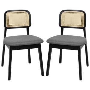 2x Black Rattan Dining Chairs | Armless Wooden Frame with Cushioned Seat - Modern Boho Style