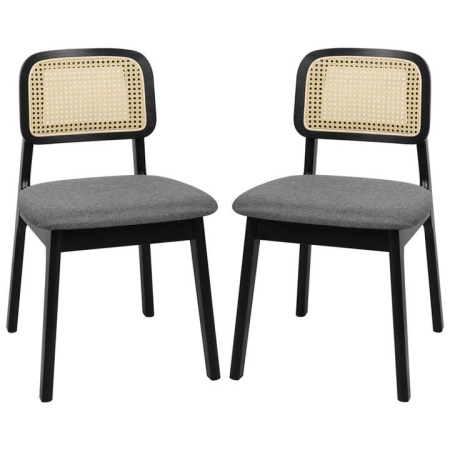 2x Black Rattan Dining Chairs | Armless Wooden Frame with Cushioned Seat - Modern Boho Style