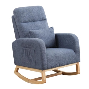 Rocking Chair with Ottoman & Side Pocket | Sherpa Upholstery & Wooden Frame (Navy)