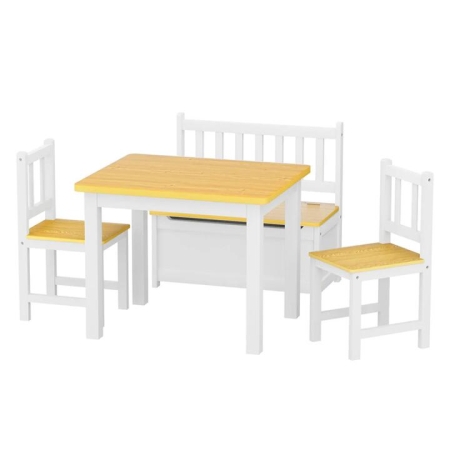 4PCS Kids Wooden Table and Chairs Set with Storage Bench - Study