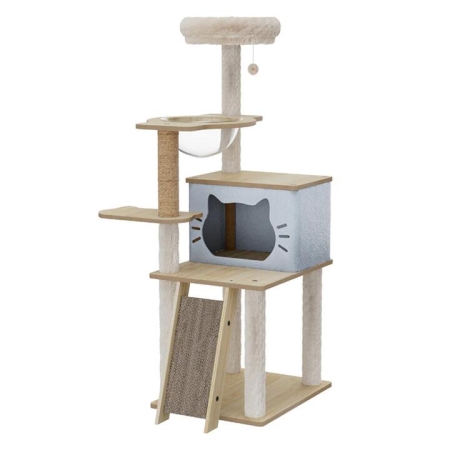 Cat Tree Tower with Space Capsule Bed & Scratching Ramp Wood Condo House 120cm