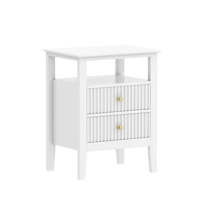 Maestro Furniture Belmonte Fluted Open Shelf 2-Drawers Bedside Nightstand Side Table White