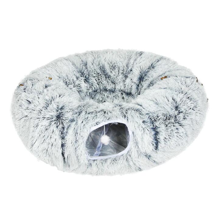 "Foldable Cat Tunnel Bed - Plush Play Tube with Pom-Pom Toy